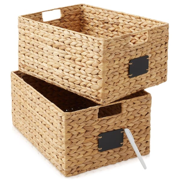 Casafield Brown Natural 12.5 in. x 17 in. x 8 in. Wicker Water Hyacinth Decorative Baskets Pantry Storage Bins (Set of 2)