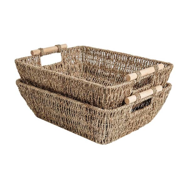 2-Piece 17.25 in. Natural Seagrass Storage Basket Set with Wooden Handles, Hand-Woven Organizing Baskets