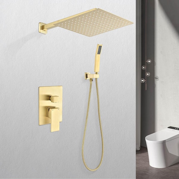 2-Spray Patterns High Pressure with 2.0 GPM 10 in. Wall Mount Dual Shower Heads Hand Shower Faucet in Brushed Gold