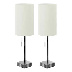 16 in. Silver Metal 1-Light Table Lamp Set of 2 with USB Port and Ivory Fabric Cylinder Shade for Living Room, Bedroom