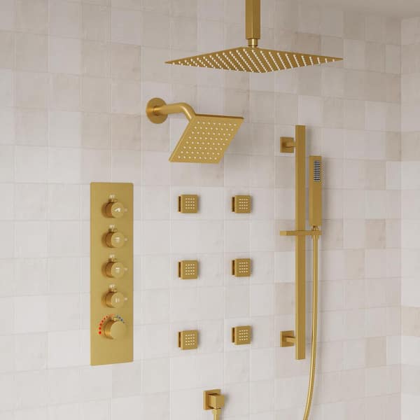 Thermostatic 15-Spray 16 in.and 6 in.Ceiling Mount Dual Shower Head 2.5 GPM with 6-Jets in Brushed Gold (Valve Included)