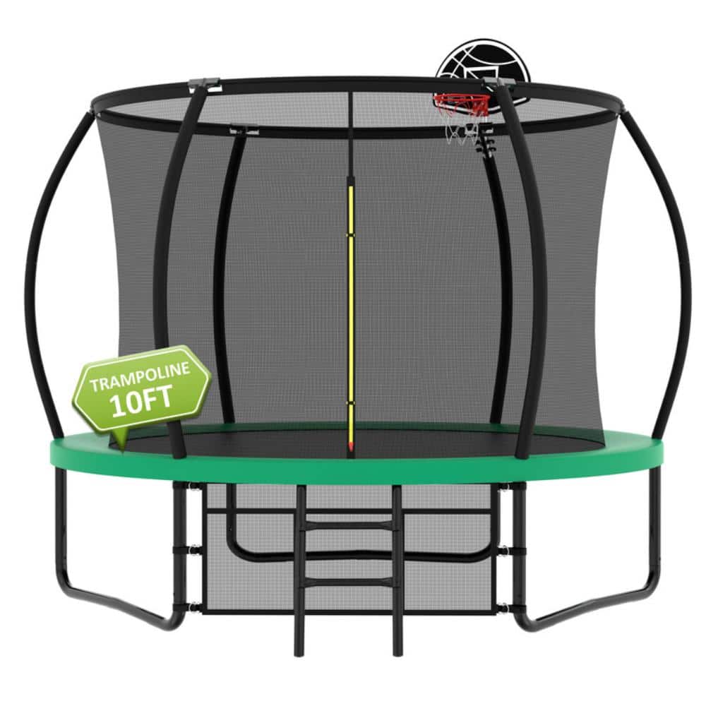 10FT Pumpkin Style Trampoline with Enclosure Net, Basketball Hoop, Ladder, Outdoor Trampoline for Kids & Family,Green
