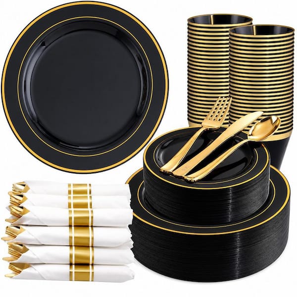 350-Piece Plastic Dinnerware Set for 50 Guests with Plates, Rolled Napkins and Silverware, Disposable, Black and Gold