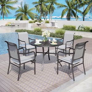 Black 5-Piece Metal Patio Outdoor Dining Sets with Stamped Round Table and Gourd-shaped Design Textilene Chairs
