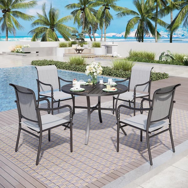 PHI VILLA Black 5-Piece Metal Patio Outdoor Dining Sets with Stamped Round Table and Gourd-shaped Design Textilene Chairs