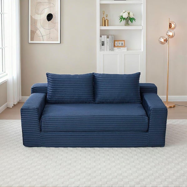 73 in. 2 in 1 Modern Blue Corduroy Pull-Out Convertible Folding Twin Size Sofa Bed with Storage Pockets