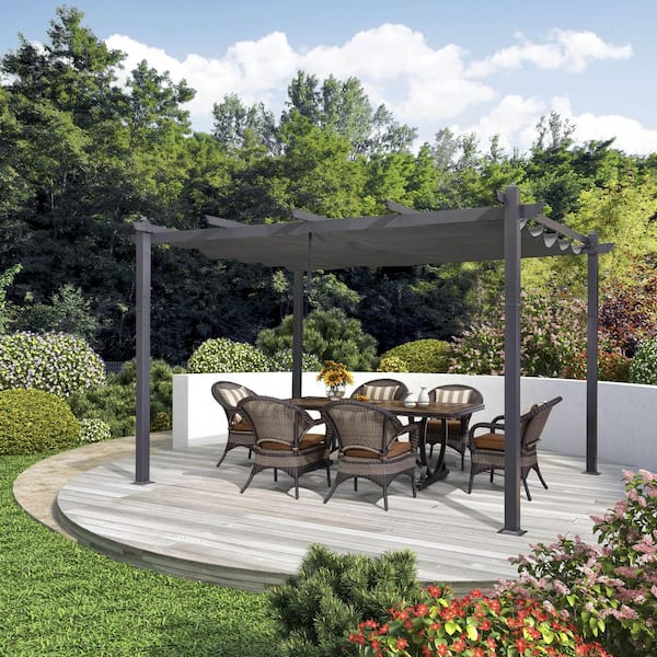 PURPLE LEAF 10 ft. x 12 ft. Gray Aluminum Frame Morden Pergola with Gray Retractable Sun Shade Canopy for Garden Grill