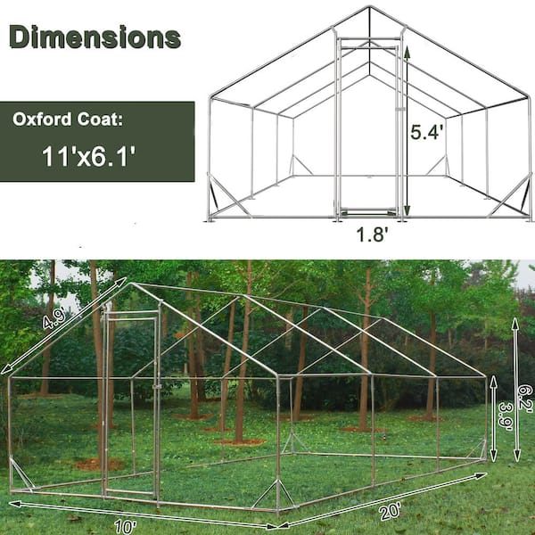10 ft. L x 20 ft. W Large Metal Walk-In Chicken Coop Poultry Cages with Waterproof Anti-Ultraviolet Cover for Outside