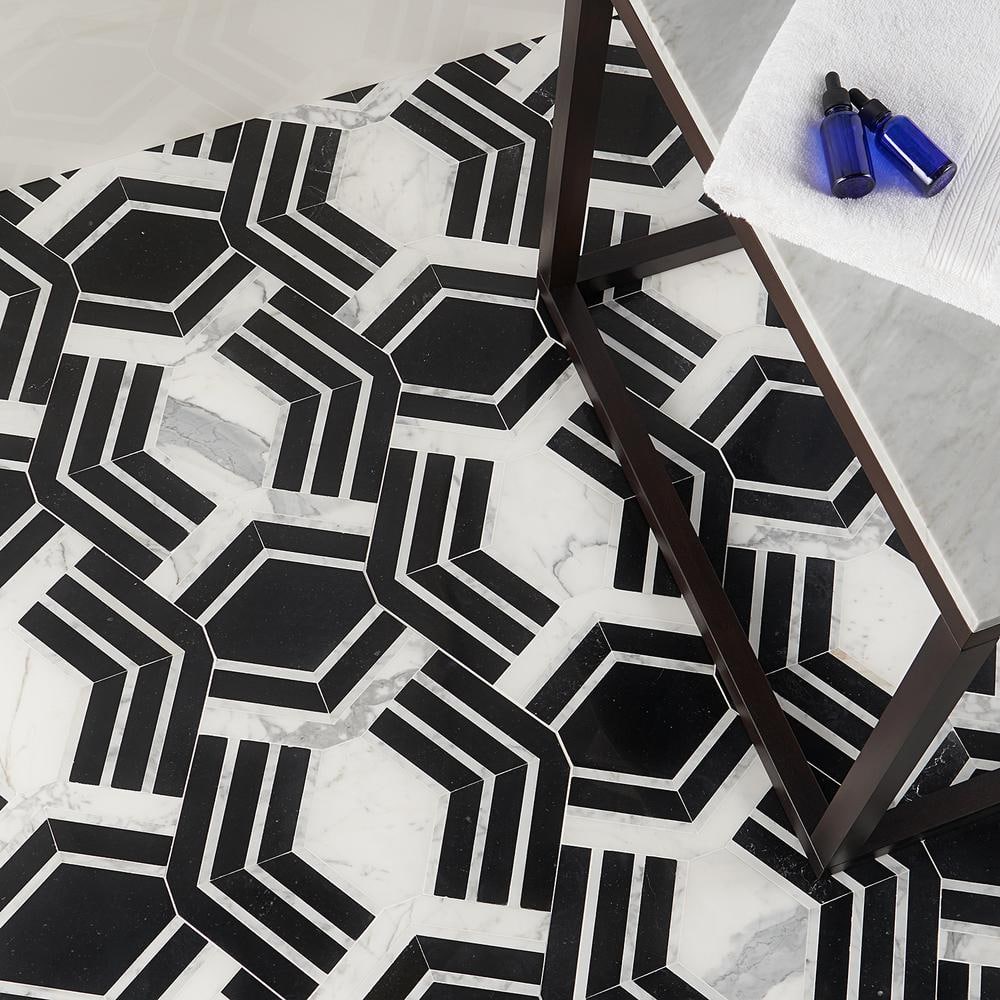 Black and White Geometric Marble Mosaic Tile for Indoor/Outdoor Use