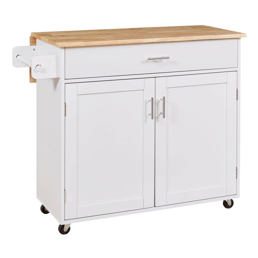 White Rubber Wood Kitchen Cart with Drop Leaf, Spacious Drawer, Adjustable