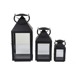 Black Metal Decorative Lantern with Wooden Handle and Glass Panel (Set of 3)