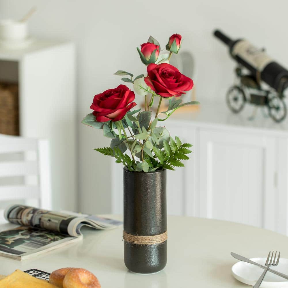 Small Black Ceramic Cylinder Table Vase with Rope