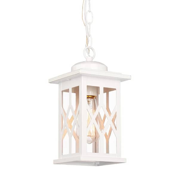 11.6 in. 1-Light White Metal Outdoor Pendant Light with Clear Glass and No Bulbs Included