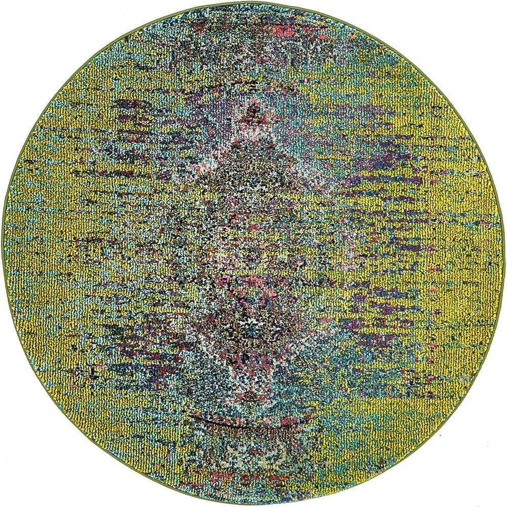 Vibrant Round 4' Synthetic Easy-Care Yellow & Green Rug