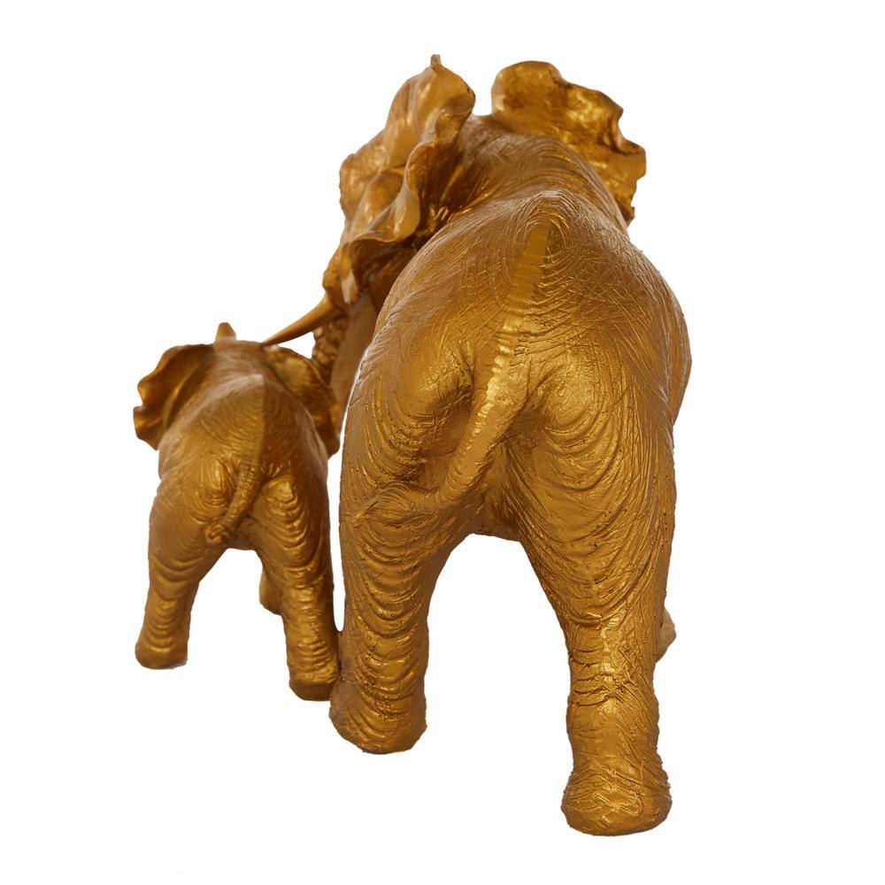 Gold Resin Elephant Figurine with Baby, 6" x 10" x 7"