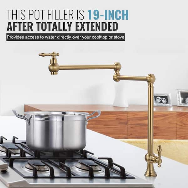 Brushed Gold Deck Mounted Pot Filler with Double Handle and Joint Swing Arm in Solid Brass