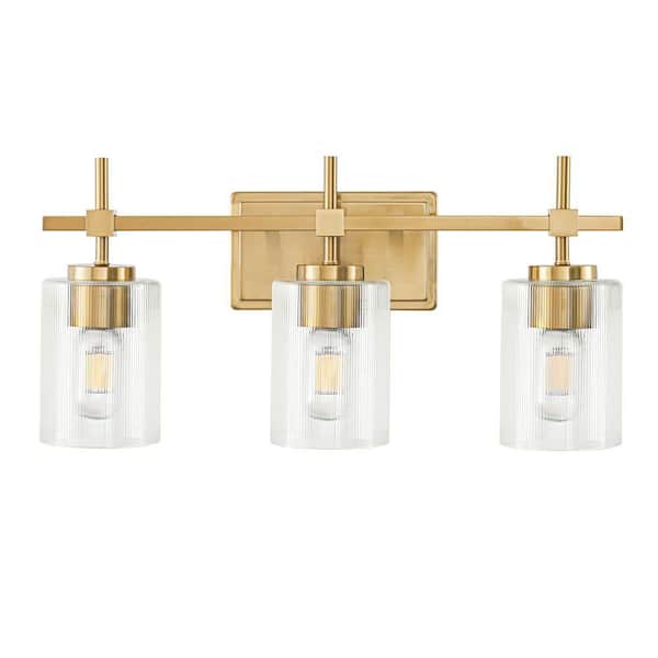 21 in. 3 Light Brushed Brass Plating/Gold Plating Vanity Light with Clear Ribbed Galss Shade