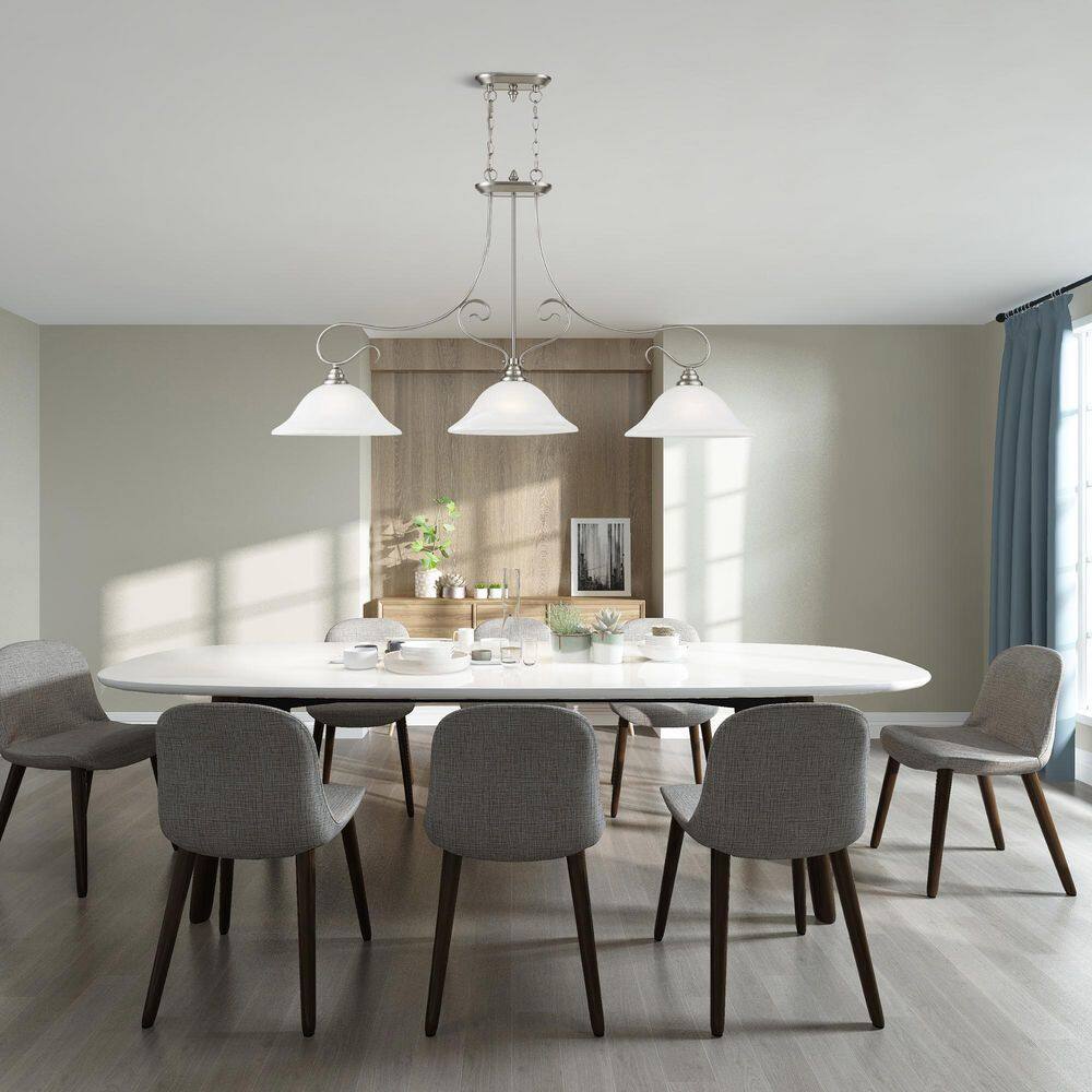 Brushed Nickel 3-Light Linear Chandelier with Alabaster Glass