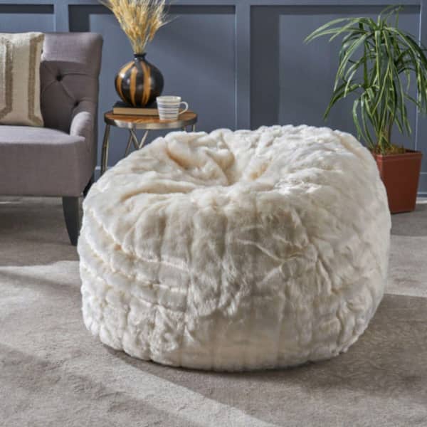 White Faux Fur Bean Bag Chair, Bean Bag Sofa, Round Bean Bag Seat, Modern Bean Bag Furniture