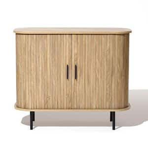 Brown Mid-Century Modern 2-Door Storage Cabinet with Slatted Sliding Doors