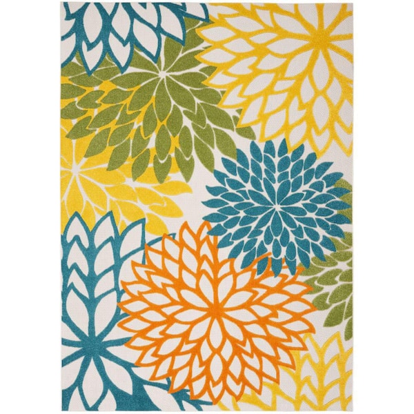 Aloha Turquoise Multicolor 9 ft. x 12 ft. Floral Contemporary Indoor/Outdoor Patio Area Rug