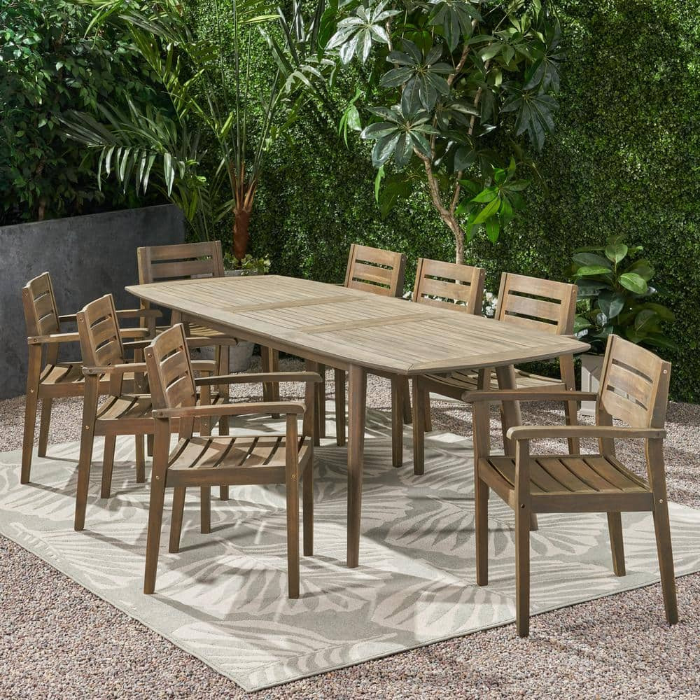 Noble House Stamford 30 in. Grey 9-Piece Wood Rectangular Outdoor ...