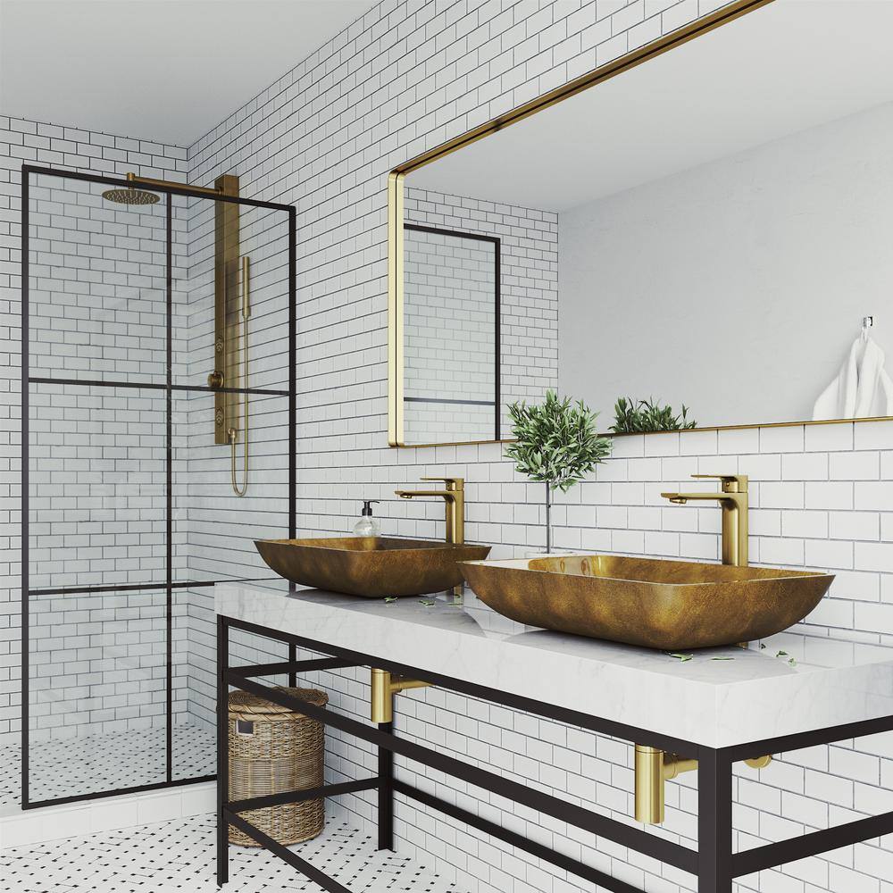 Copper Glass Rectangular Vessel Sink with Matte Gold Faucet