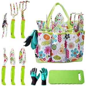 9-Piece Garden Tool Set with Floral Tote Gloves Kneeling Pad Ergonomic Handle Tools for Women Heavy Duty Gardening Gifts