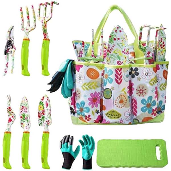 9-Piece Garden Tool Set with Floral Tote Gloves Kneeling Pad Ergonomic Handle Tools for Women Heavy Duty Gardening Gifts