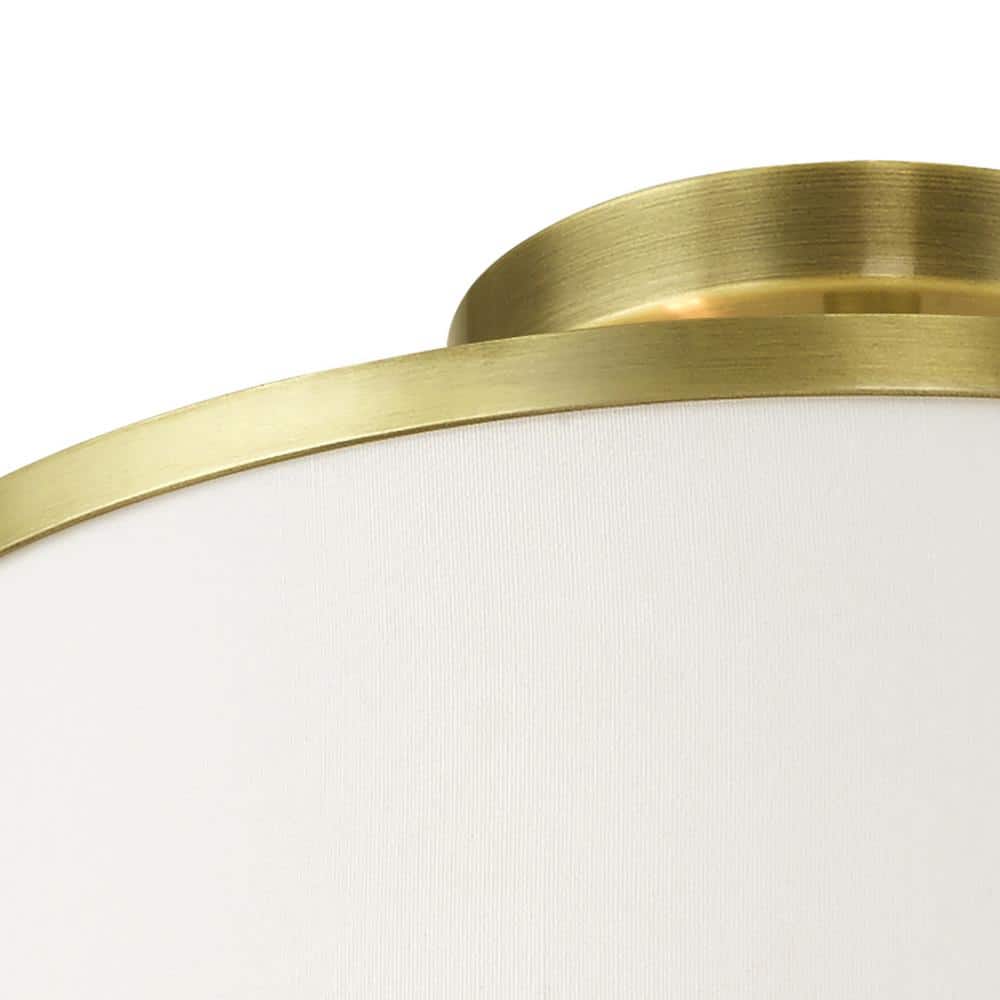 Antique Brass and Off-White Fabric Semi-Flush Mount Light