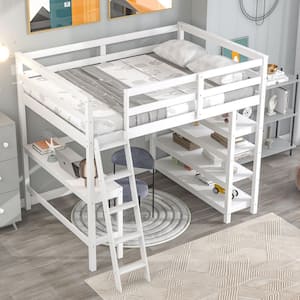 White Full Loft Bed with Bookshelves and Desk Sturdy Wooden Kids Loft Bed Frame with Ladder Wood Kids Loft Bed