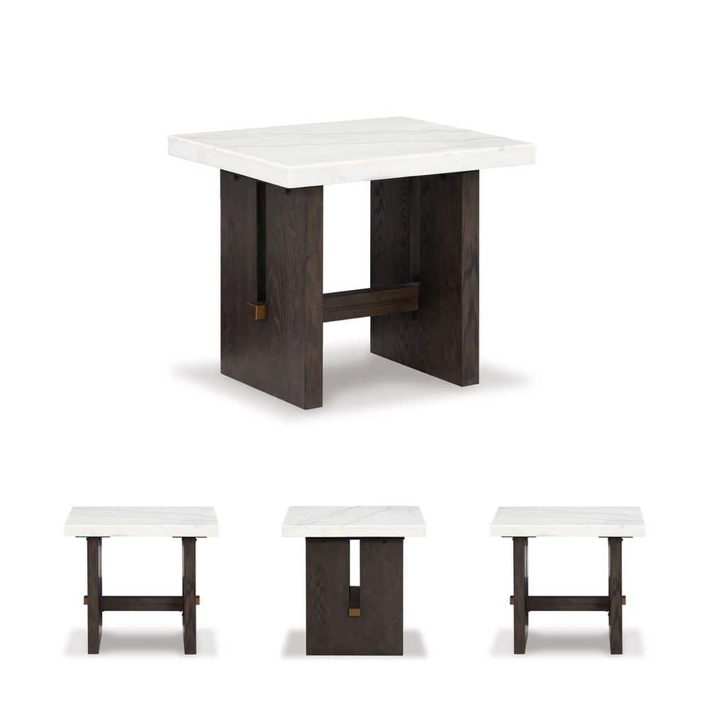 Burkhaus 26 in. White / Dark Brown Rectangle Marble End Table with Trestle Base - thumbnail 8