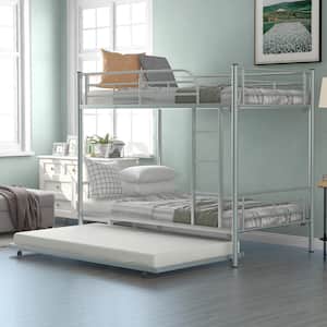 Silver Twin Over Twin Metal Bunk Bed With Trundle, Can be Divided into 2 Beds
