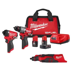 M12 12V Lithium-Ion Cordless Brushless Rotary Tool with M12 Hammer Drill and Impact Driver Combo Kit