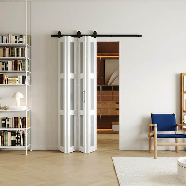 48in x 84in Frosted Glass, White MDF, 3 Lite, Multi-fold Accordion Style Design Sliding Barn Door with Hardware Kit