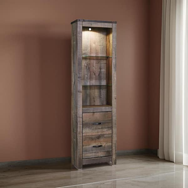 Tall Brown 73.23 in. Wooden Pier with 1 Door Cabinet and 2 Adjustable Glass Shelves