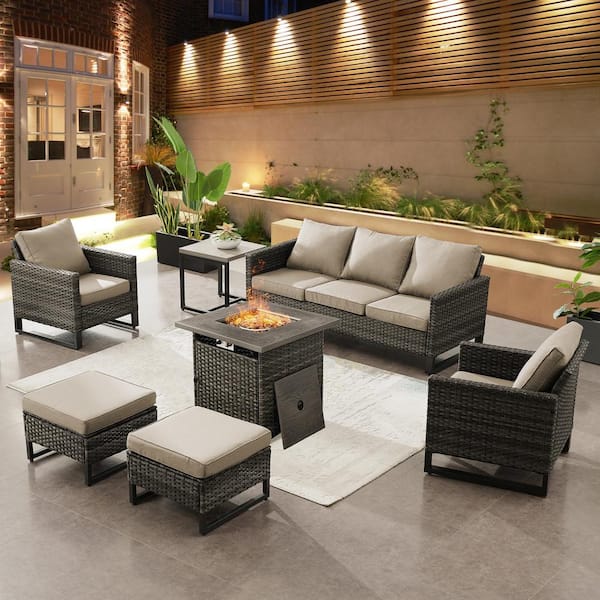 Gymojoy Valenta Gray 7-Piece Wicker Patio Conversaion Set with Beige Cushions