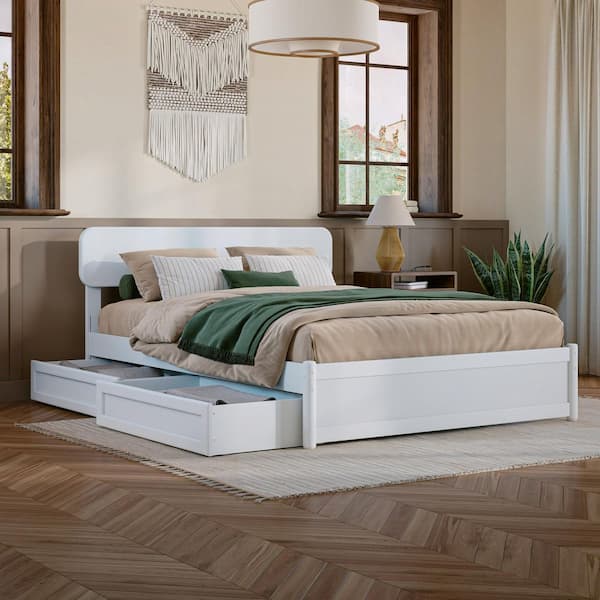 AFI Capri White Solid Wood Frame Full Platform Bed with Panel Footboard and Storage Drawers