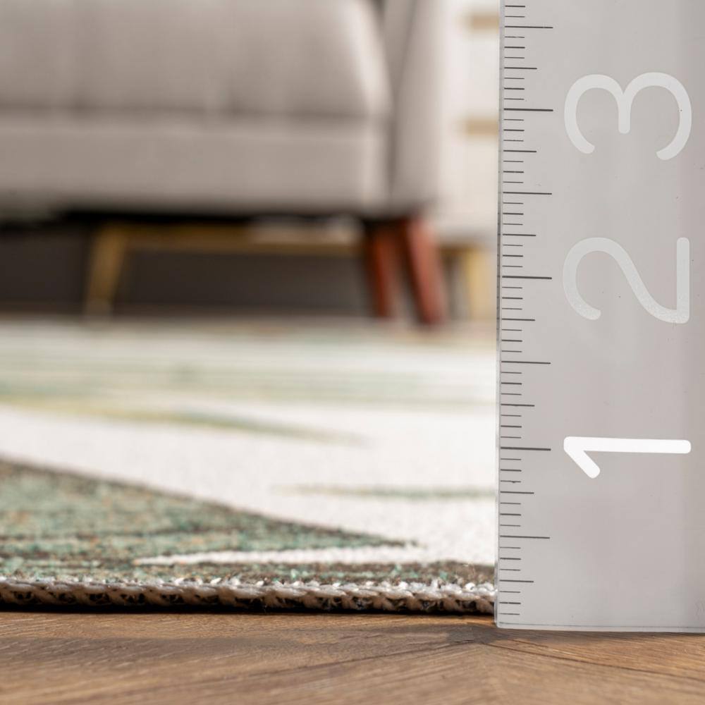Olive and Beige Synthetic Rectangular 4' x 6' Washable Area Rug