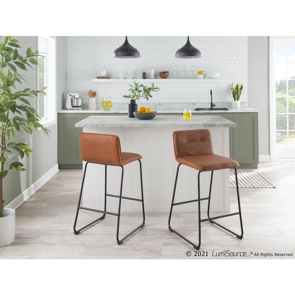 Camel Faux Leather and Black Metal Counter Stools, Set of 2