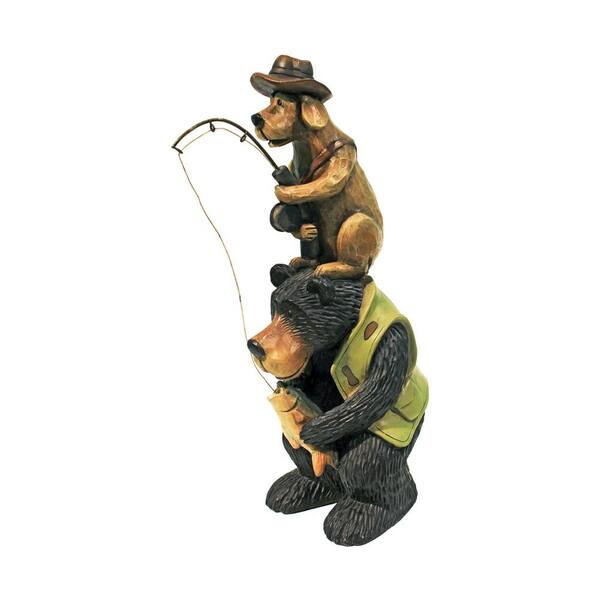 Design Toscano 12.5 in. H Fishing Buddies Black Bear and Dog Garden Statue