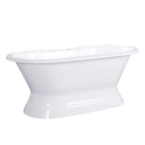 60 in. Cast Iron Double Slipper Pedestal Flatbottom Bathtub with 7 in. Deck Holes in White