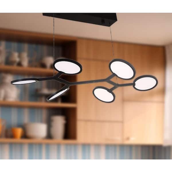 Bandalore 65-Watt 6-Light Black Island Integrated LED Pendant Light with White Acrylic Diffusers and Rotating Lights