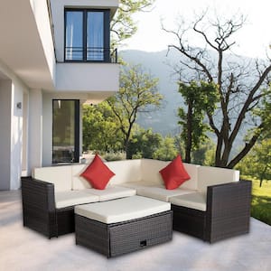 Brown 4-Piece Wicker Outdoor Patio Conversation Seating Set with Beige Cushions