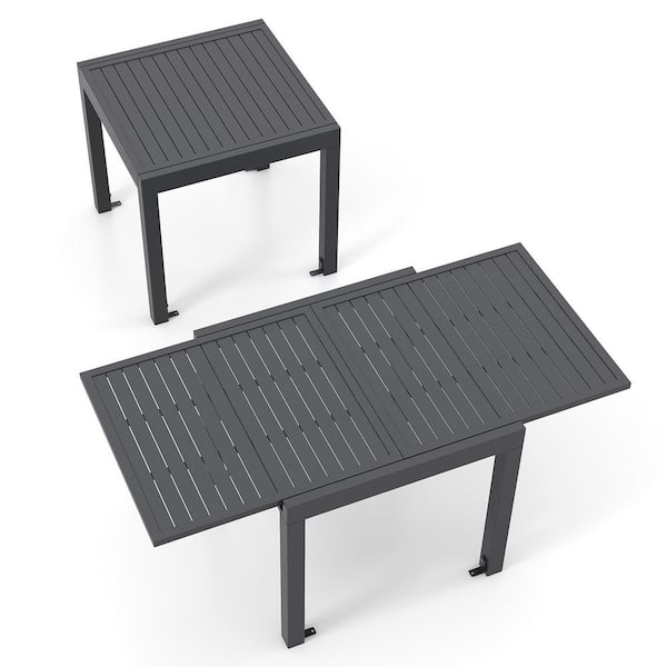ANGELES HOME 63 in. Gray Aluminum Expandable Patio Dining Table for 4-6 People