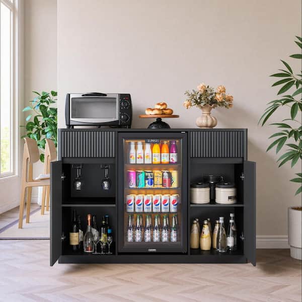 53'' Fluted Bar Cabinet with Fridge Space (Fridge Not Included) Coffee Station with Charging Hub & Wine Glass Rack, Blac