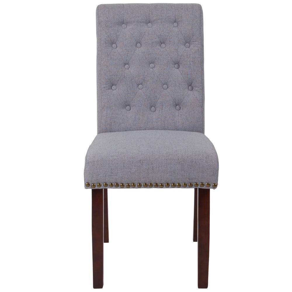 High-Back Parsons Side Chair in Light Gray Leather & Walnut Wood