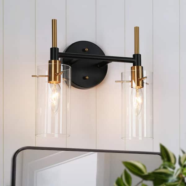 Zevni Modern 2-Light Brass Gold Bathroom Vanity Light, Black Vanity Light with Open Cylinder Clear Glass Shades Wall Light