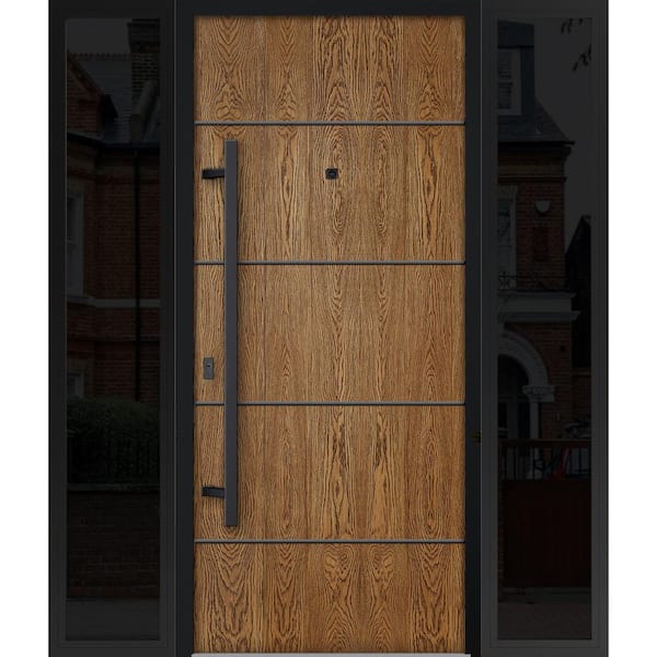 VDOMDOORS 6683 60 in. x 80 in. Right-hand/Inswing 2 Sidelights Natural Oak Steel Prehung Front Door with Hardware