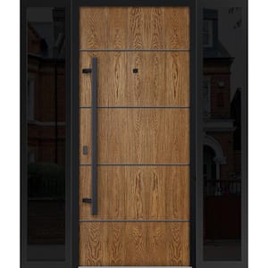6683 68 in. x 80 in. Right-hand/Inswing 2 Sidelights Natural Oak Steel Prehung Front Door with Hardware